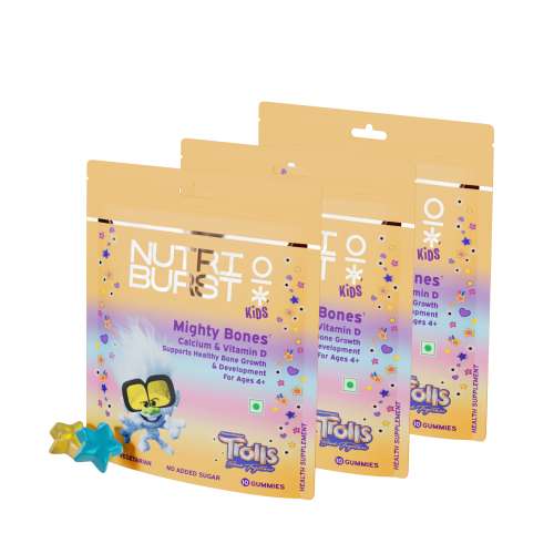 NUTRIBURST: Mighty Bones Trolls Kids Gummies - Calcium & Vitamin D for Strong Bones & Immune Support - Sugar-Free, Gluten-Free, Mixed Fruit Flavor, Chewable, Vegan - For Kids Aged 4+, 10 Gummies