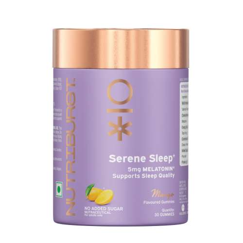 NUTRIBURST: Serene Sleep 5mg Melatonin Gummies for Quality Deep Sleep, Fresh Wake Up No Stress & Anxiety Natural Non-Addictive, Non Habit Forming, No Added Sugar Sleep-Aid Mango Flavor) 150gm