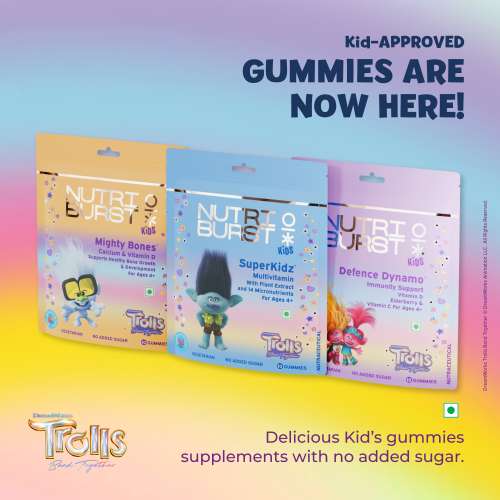 NUTRIBURST: Super Kidz Trolls Gummies - 13 Essential Vitamins & Minerals for Growth & Immune Support - Sugar-Free, Gluten-Free, Mixed Fruit Flavor, Chewable, Vegan - For Kids Aged 4+, 10 Gummies