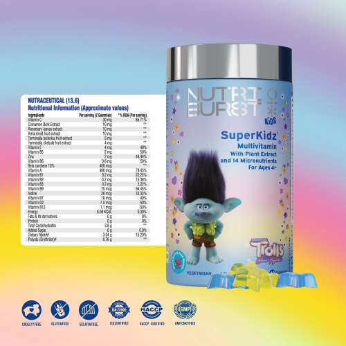 NUTRIBURST: Super Kidz Trolls Gummies - 13 Essential Vit & Mins for Growth & Immune Support - Sugar-Free, Gluten-Free, Mixed Fruit Flavor, Chewable, Vegan - For Kids Aged 4+, 220gm