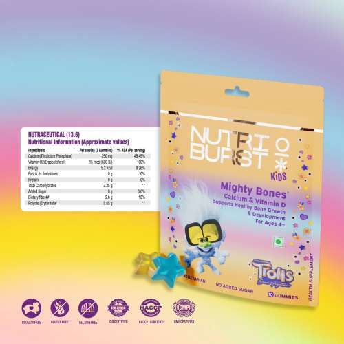 NUTRIBURST: Mighty Bones Trolls Kids Gummies - Calcium & Vitamin D for Strong Bones & Immune Support - Sugar-Free, Gluten-Free, Mixed Fruit Flavor, Chewable, Vegan - For Kids Aged 4+, 10 Gummies