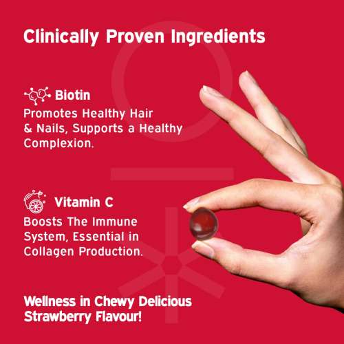 NUTRIBURST: Biotin Gummies for Healthy Hair, Skin & Nails Growth With High Potency 10000 mcg of Sesbania Extract Natural Biotin, Zinc, Folic Acid, No-Added Sugar, Strawberry Flavor 220gm