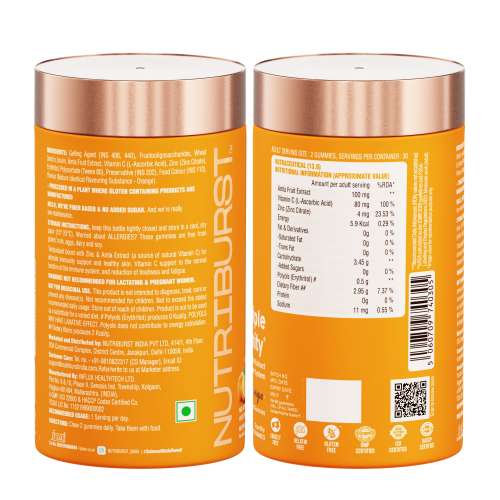 NUTRIBURST: Triple Immunity Gummies with Vitamin C, Zinc and Amla extract No-Added Sugar Orange Flavor 100% Vegetarian 220gm