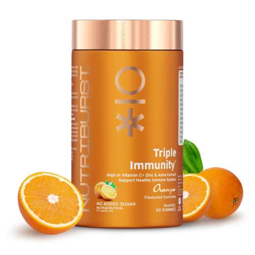 NUTRIBURST: Triple Immunity Gummies with Vitamin C, Zinc and Amla extract No-Added Sugar Orange Flavor 100% Vegetarian 220gm