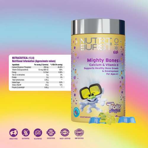 NUTRIBURST: Mighty Bones Trolls Kids Gummies - Calcium & Vit D for Strong Bones & Immune Support - Sugar-Free, Gluten-Free, Mixed Fruit Flavor, Chewable, Vegan - For Kids Aged 4+, 220gm
