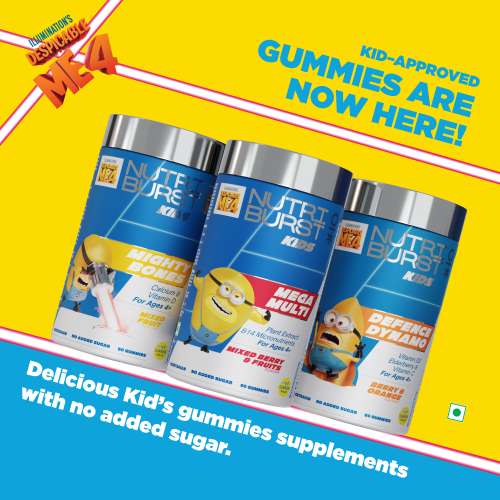 NUTRIBURST: Minions Mega Multi Kids Gummies - 13 Essential Vit & Mins for Growth & Immune Support - Sugar-Free, Gluten-Free, Mixed Fruit Flavor, Chewable, Vegan - For Kids Aged 4+, 220gm