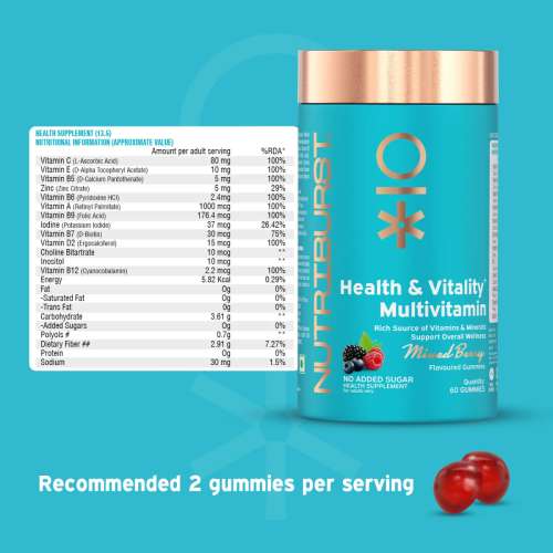 NUTRIBURST: Health & Vitality Gummies with Multi Vitamins A, B, C, D, E & Biotin No-Added Sugar Mixed Berry Flavor 100% Vegetarian 220gm