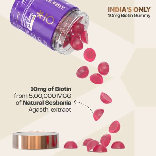 NUTRIBURST: India's Only 10mg Biotin 500K Hair Gummies for Stronger & Shinier Hair | 30 Days Pack | With 10mg Biotin from 5,00,000 Sesbania Extract | Cranberry Flavour |Natural Ingredients, No Added Sugar & Gut Friendly 30gm