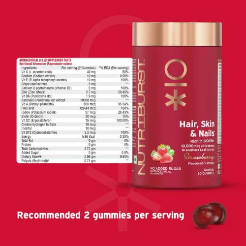 NUTRIBURST: Biotin Gummies for Healthy Hair, Skin & Nails Growth With High Potency 10000 mcg of Sesbania Extract Natural Biotin, Zinc, Folic Acid, No-Added Sugar, Strawberry Flavor 220gm
