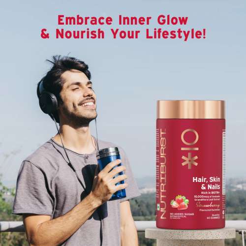 NUTRIBURST: Biotin Gummies for Healthy Hair, Skin & Nails Growth With High Potency 10000 mcg of Sesbania Extract Natural Biotin, Zinc, Folic Acid, No-Added Sugar, Strawberry Flavor 220gm