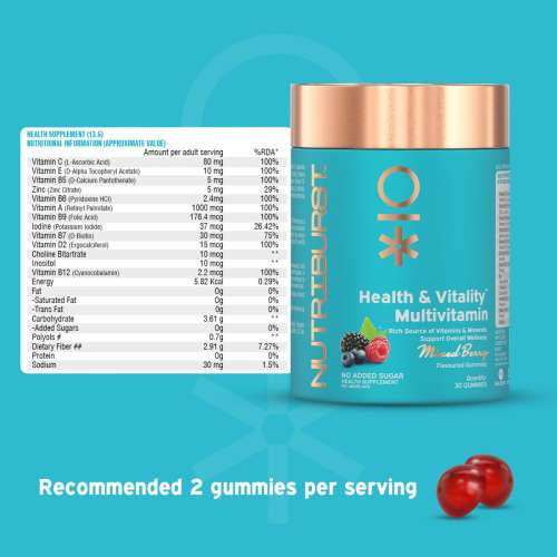 NUTRIBURST: Health & Vitality Gummies with Multi Vitamins A, B, C, D, E & Biotin No-Added Sugar Mixed Berry Flavor 150gm