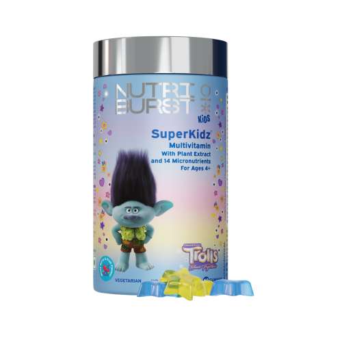 NUTRIBURST: Super Kidz Trolls Gummies - 13 Essential Vit & Mins for Growth & Immune Support - Sugar-Free, Gluten-Free, Mixed Fruit Flavor, Chewable, Vegan - For Kids Aged 4+, 220gm