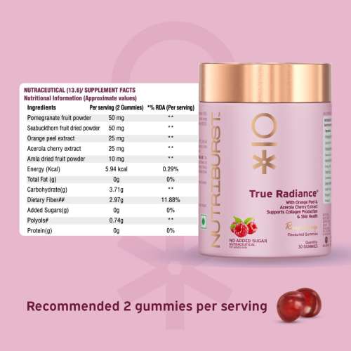 NUTRIBURST: True Radiance Gummies for Collagen Improvement Raspberry Collagen Gummies with Orange Peel Acerola Cherry & Sea Buckthorn, No Added Sugar Enhance Elasticity & Health skin 150gm