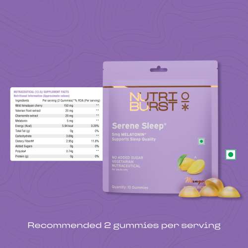 NUTRIBURST: Serene Sleep 5MG Melatonin Gummies for Quality Deep Sleep, Fresh Wake Up No Stress & Anxiety Natural Non-Addictive, Non Habit Forming, No Added Sugar Sleep-Aid Mango Flavor 10 Gummy