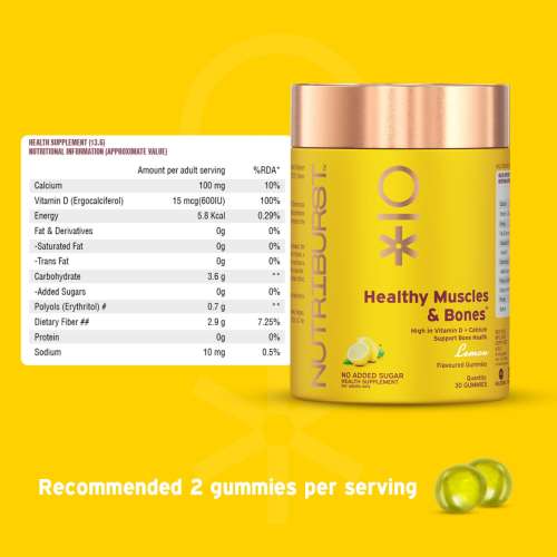 NUTRIBURST: Healthy Muscles & Bones Gummies with Calcium & Vitamin D to Boosts Immunity No-AddedSugar Lemon Flavor 100% Vegetarian 150gm
