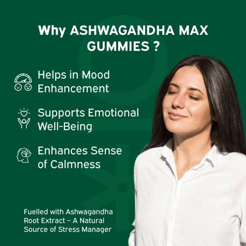 NUTRIBURST: Ashwagandha Max 500mg Gummies for Stress and Anxiety Relief Vigour, Energy, Power & Stamina Relax Refresh Mind & Body Guava Flavor Gummies, No added sugar 150gm