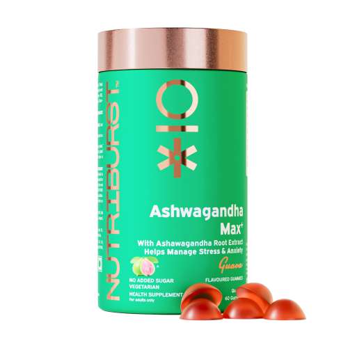 NUTRIBURST: Ashwagandha Max 500mg Gummies for Stress and Anxiety Relief Vigour, Energy, Power & Stamina Relax Refresh Mind & Body Guava Flavor Gummies, No added sugar 220gm