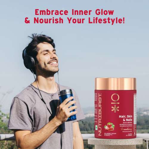 NUTRIBURST: Biotin Gummies for Healthy Hair, Skin & Nails Growth With High Potency 10000 mcg of Sesbania Extract Natural Biotin, Zinc, Folic Acid, No-Added Sugar, Strawberry Flavor 150gm