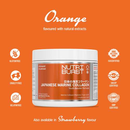 NUTRIBURST: Pure Japanese Marine Collagen Peptides Supplement for Skin, Hair, Nails & Joints | Clinically Proven Ingredient | High Absorption 8 gms Collagen, Orange 100gm