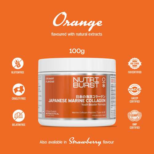 NUTRIBURST: Pure Japanese Marine Collagen Peptides Supplement for Skin, Hair, Nails & Joints | Clinically Proven Ingredient | High Absorption 8 gms Collagen, Orange 100gm