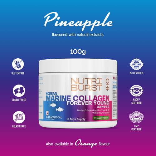NUTRIBURST: Korean Marine Collagen Peptides Supplement for Skin, Hair, Nails & Joints | Clinically Proven Ingredient | High Absorption 8 gms Collagen, Pineapple 100gm