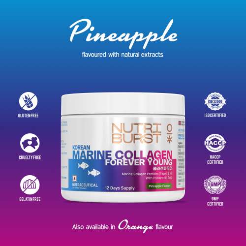 NUTRIBURST: Korean Marine Collagen Peptides Supplement for Skin, Hair, Nails & Joints | Clinically Proven Ingredient | High Absorption 8 gms Collagen, Pineapple 100gm