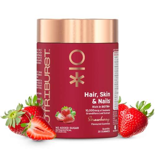 NUTRIBURST: Biotin Gummies for Healthy Hair, Skin & Nails Growth With High Potency 10000 mcg of Sesbania Extract Natural Biotin, Zinc, Folic Acid, No-Added Sugar, Strawberry Flavor 150gm