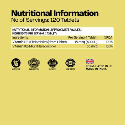 NUTRIBURST: Vitamin D3 + K2 | Vitamin D3 K2 Supplement for Men & Women | Supports Bone Strength & Heart Health | 100% Vitamin D with K2 for Better Absorption | 120 Veg Tablets (4-Month Pack)  | 140gm
