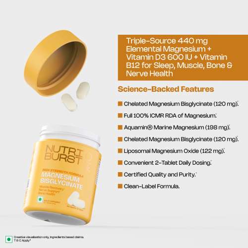 NUTRIBURST: Magnesium Bisglycinate 60 Tablets | Chelated High Absorption Magnesium Supplement | Supports Sleep, Muscle Recovery, Stress Relief, Nerve Function & Bone Health | High Strength Formulated | Vegetarian  | 160gm