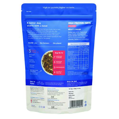 Nourish You: High Protein Oats | 25gm Plant Protein | Chocolate Oatmeal | Breakfast cereal | 400gm