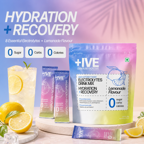 Curiously +IVE: Electrolytes Drink Mix - Lemonade Flavour Pack - 80gm (4gm x 20 Sachet)| Zero Sugar, Zero Carbs, Zero Calories | Hydration + Recovery Supplement