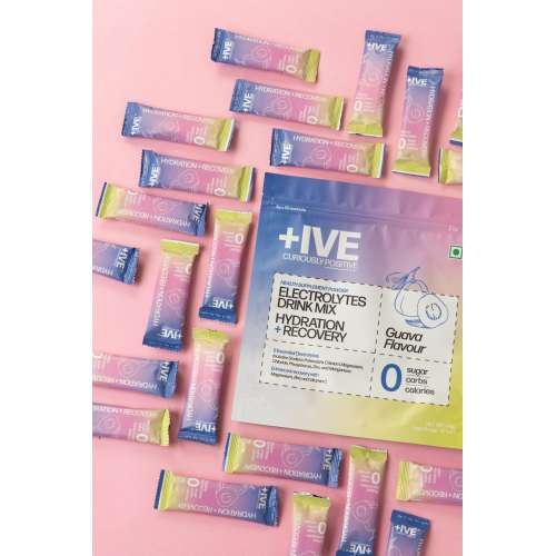 Curiously +IVE: Electrolytes Drink Mix - Guava Flavour Pack - 80gm (4gm x 20 Sachet)| Zero Sugar, Zero Carbs, Zero Calories | Hydration + Recovery Supplement