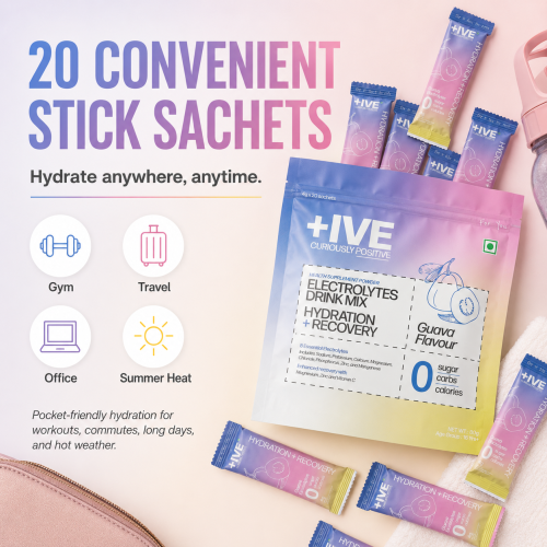 Curiously +IVE: Electrolytes Drink Mix - Guava Flavour Pack - 80gm (4gm x 20 Sachet)| Zero Sugar, Zero Carbs, Zero Calories | Hydration + Recovery Supplement