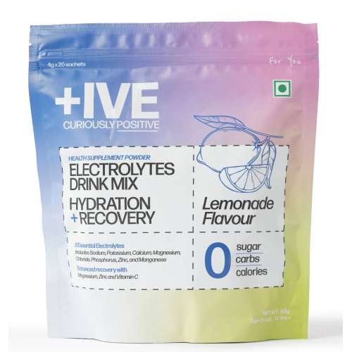 Curiously +IVE: Electrolytes Drink Mix - Lemonade Flavour Pack - 80gm (4gm x 20 Sachet)| Zero Sugar, Zero Carbs, Zero Calories | Hydration + Recovery Supplement
