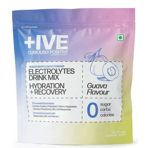Curiously +IVE: Electrolytes Drink Mix - Guava Flavour Pack - 80gm (4gm x 20 Sachet)| Zero Sugar, Zero Carbs, Zero Calories | Hydration + Recovery Supplement