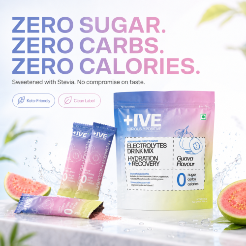 Curiously +IVE: Electrolytes Drink Mix - Guava Flavour Pack - 80gm (4gm x 20 Sachet)| Zero Sugar, Zero Carbs, Zero Calories | Hydration + Recovery Supplement