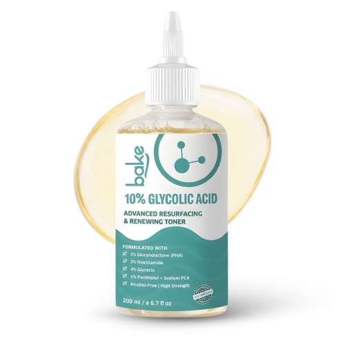 Bake Cosmetics: 10% Glycolic Acid Advanced Resurfacing & Renewing Face Toner for Smooth, Bright Even Skin & Clogged Pores  200ml