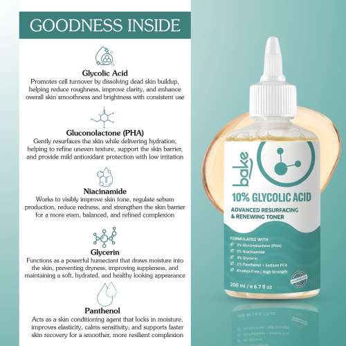 Bake Cosmetics: 10% Glycolic Acid Advanced Resurfacing & Renewing Face Toner for Smooth, Bright Even Skin & Clogged Pores  200ml