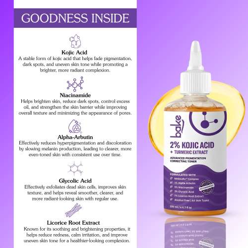 Bake Cosmetics: 2%Kojic Acid Advanced Brightening & Pigmentation Correcting Face Toner for Dark Spots, Even Skin Tone & Glow 200ml