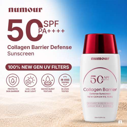 Numour: Collagen Barrier Defense Sunscreen SPF 50 PA++++ | New Gen UV Filters | 2% Hydrolyzed Collagen + 5% Rice Water | Water Burst Texture | In-Vivo Tested | 50ml