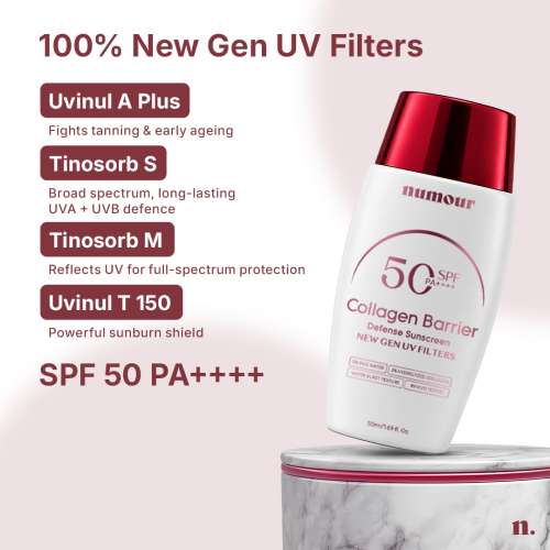 Numour: Collagen Barrier Defense Sunscreen SPF 50 PA++++ | New Gen UV Filters | 2% Hydrolyzed Collagen + 5% Rice Water | Water Burst Texture | In-Vivo Tested | 50ml