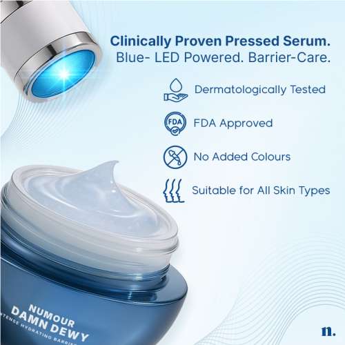 Numour: Damn Dewy 30gm | Intense Hydration & Barrier Repair Pressed Serum 30g | Blue LED Smart Jar