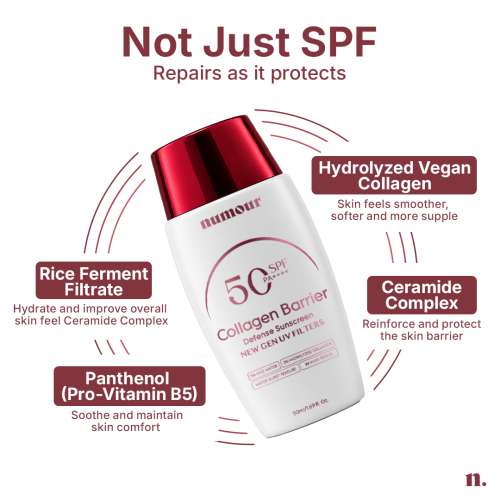 Numour: Collagen Barrier Defense Sunscreen SPF 50 PA++++ | New Gen UV Filters | 2% Hydrolyzed Collagen + 5% Rice Water | Water Burst Texture | In-Vivo Tested | 50ml