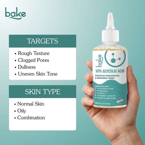 Bake Cosmetics: 10% Glycolic Acid Advanced Resurfacing & Renewing Face Toner for Smooth, Bright Even Skin & Clogged Pores  200ml