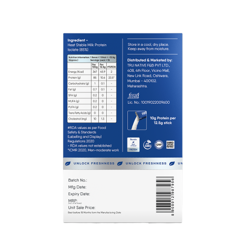 TruNativ: Cookable Milk Protein Isolate | 85% Protein | Muscle Growth & Immunity Booster | Natural Protein Powder | No Added Sugar | High Absorption | Unflavoured 15 Sticks -187.5gm (Pack of 1)
