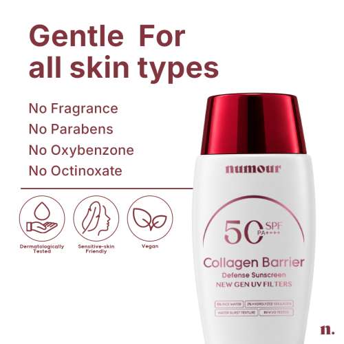 Numour: Collagen Barrier Defense Sunscreen SPF 50 PA++++ | New Gen UV Filters | 2% Hydrolyzed Collagen + 5% Rice Water | Water Burst Texture | In-Vivo Tested | 50ml