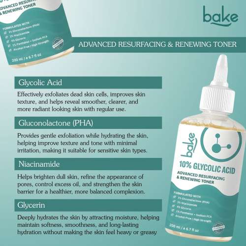 Bake Cosmetics: 10% Glycolic Acid Advanced Resurfacing & Renewing Face Toner for Smooth, Bright Even Skin & Clogged Pores  200ml