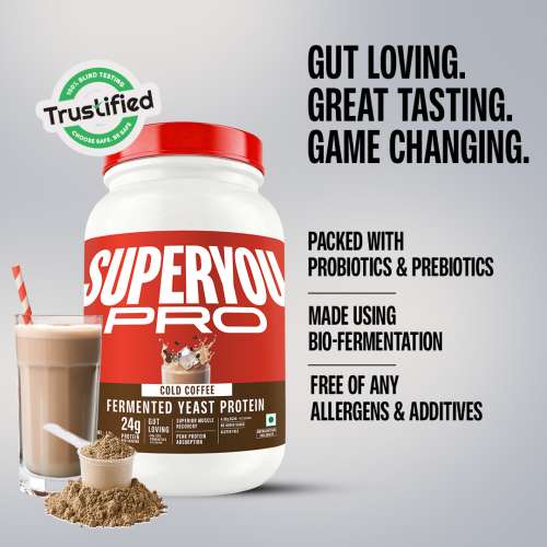 SuperYou: Pro Fermented Yeast Protein | 24g Protein| Coffee | Peak Absorption | Superior Muscle Recovery | Gut Friendly + 1Bn CFU Probiotics | PDCAAS of 1 - 1kg