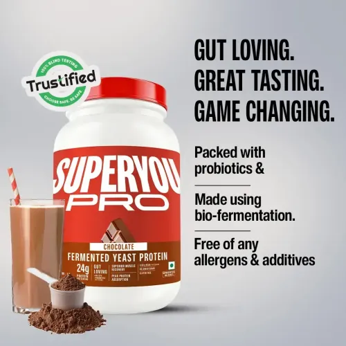 SuperYou: Pro Fermented Yeast Protein | 24g Protein| Chocolate | Peak Absorption | Superior Muscle Recovery | Gut Friendly + 1Bn CFU Probiotics | PDCAAS of 1 - 1kg
