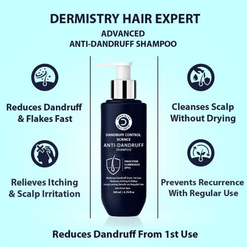 Dermistry: Anti Dandruff Shampoo Piroctone Climbazole ZPTO for Oily Itchy Flaky Scalp Dry Frizzy Hair 200ml